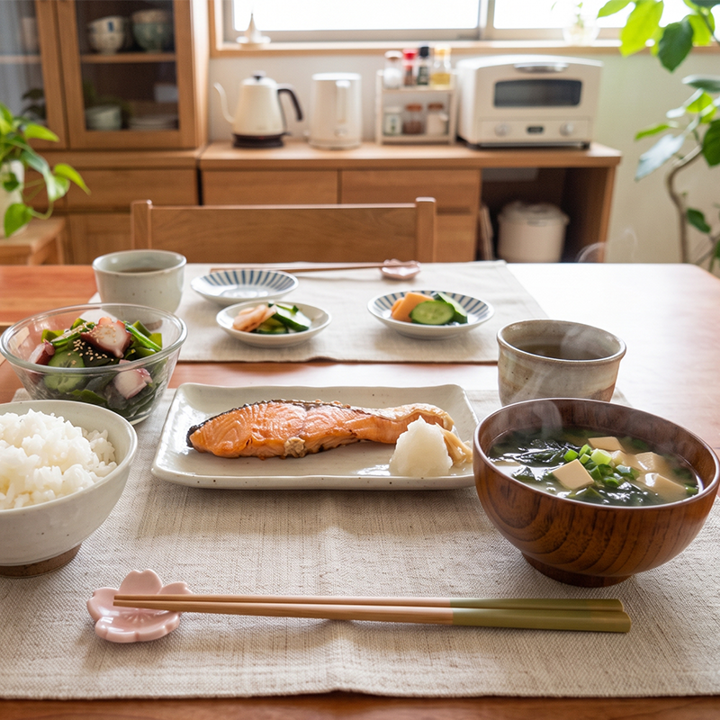 カット乾燥わかめ 朝食・お味噌汁と酢の物の食卓例
